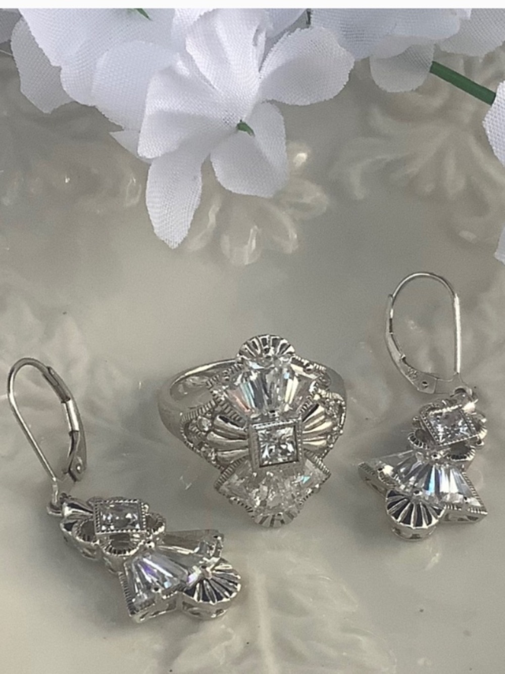 Gorgeous Matching Art Deco 925 Sterling Silver Earring and Ring Set